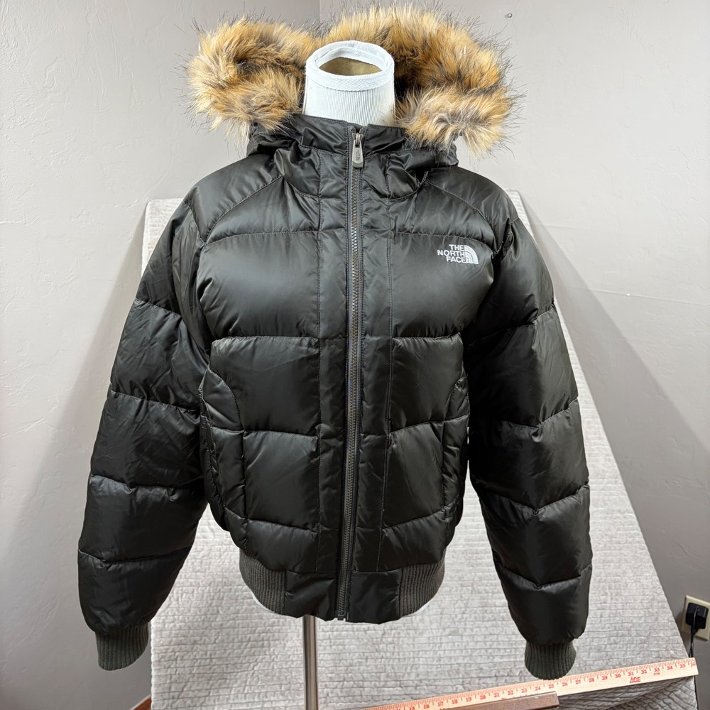 The North Face Womens 550 Down Puffer Bomber Jacket Faux Fur Hood Green Large